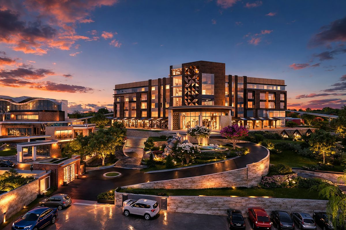 Modern hotel building at dusk with illuminated entrance and cars