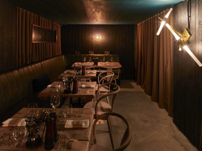 Restaurant dining room with tables and chairs