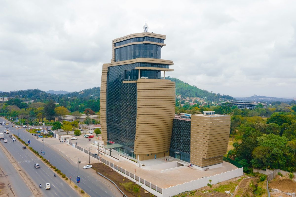 An aerial view of a large building in a city