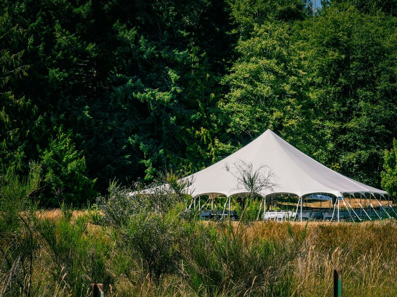 A large white tent set up in a grassy field