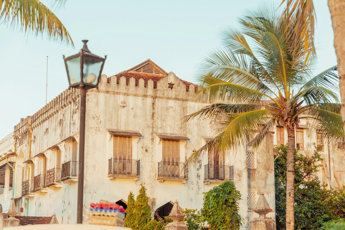 An old building with a palm tree in front of it