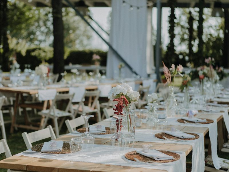 A table set up for a wedding reception
